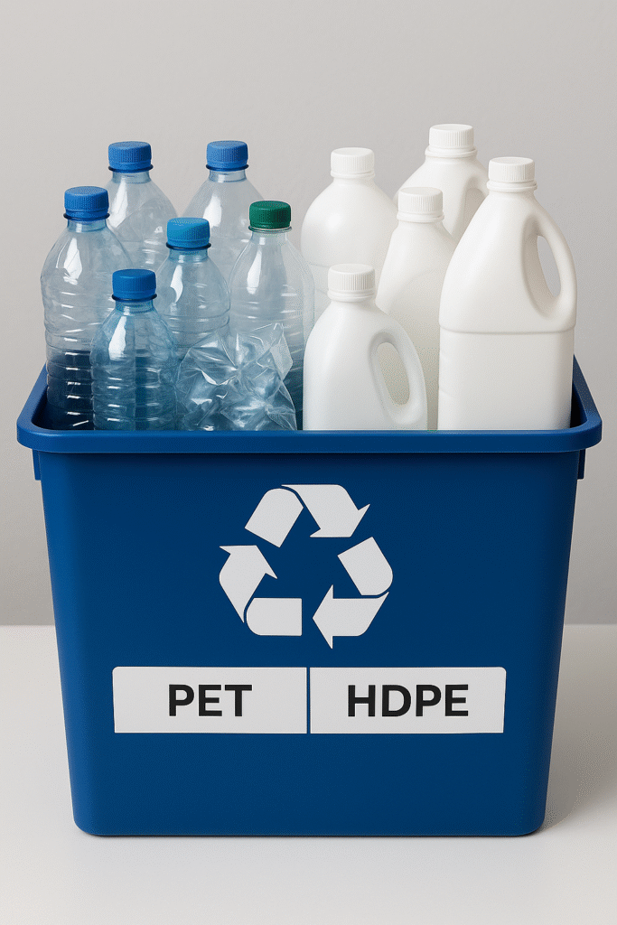 Plásticos PET y HDPE listos para reciclaje industrial