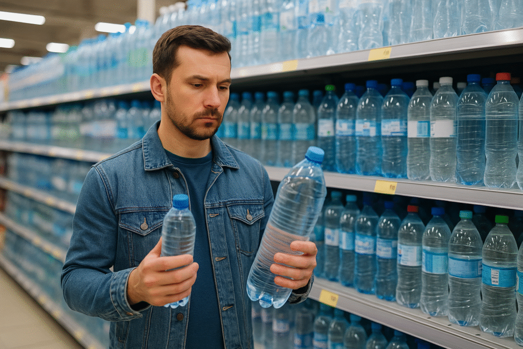 Consumidor decidiendo el tamaño ideal de botella en supermercado