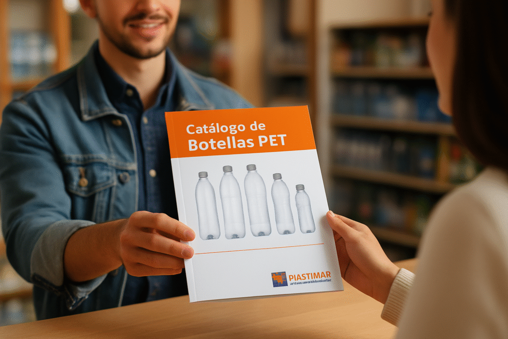 Cliente revisando presentación impresa de envases plásticos por mayoreo